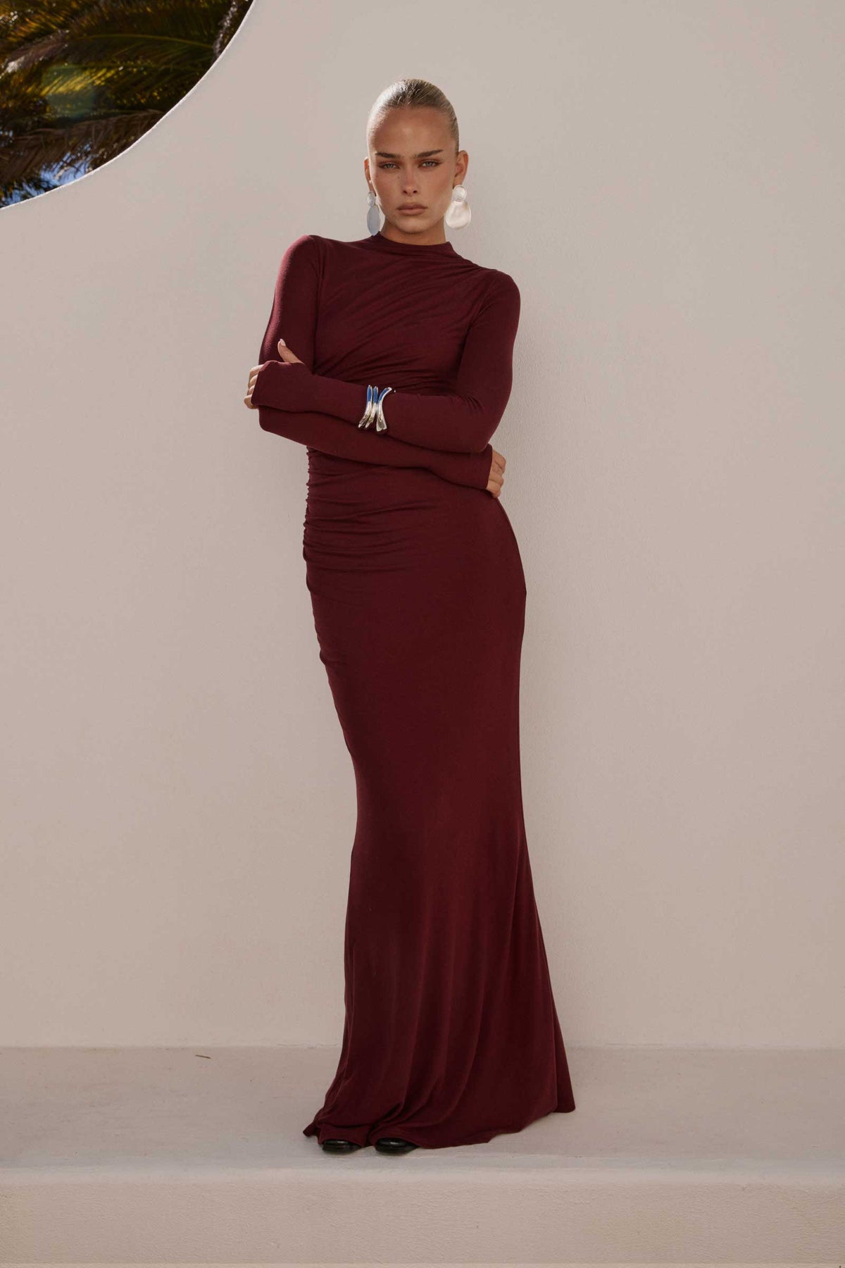 Girl in dark red dress