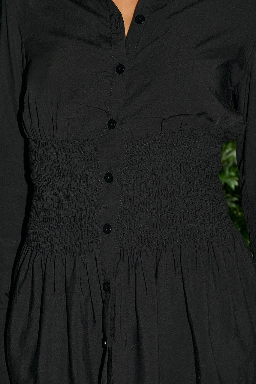 ADORA LONG SLEEVE SHIRRED SHIRT - BLACK