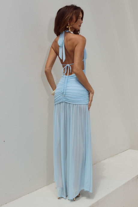 ADRIANNA PLUNGE RUCHED MAXI DRESS - AQUA