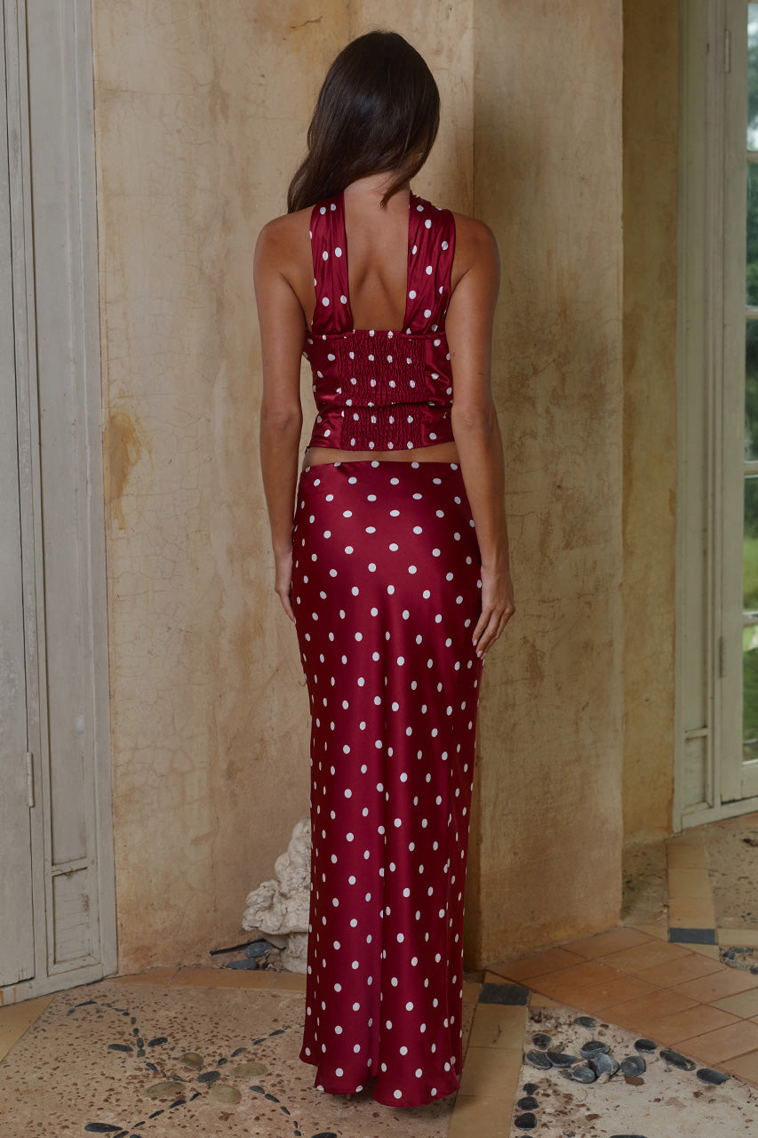 BLAINE REVERSE HALTER TOP - CHERRY/WHITE POLKA