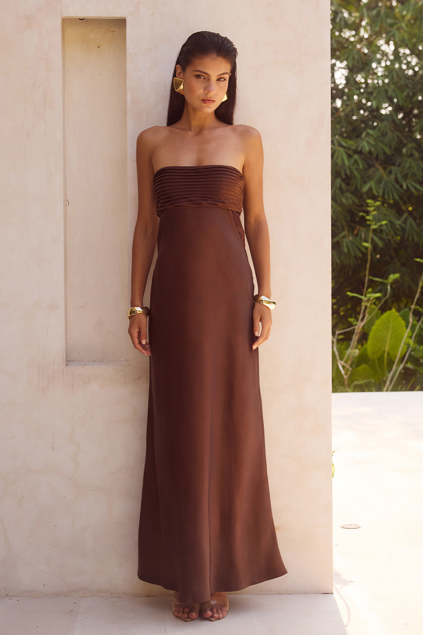 ELSA STRAPLESS SCARF MAXI DRESS - CHOCOLATE