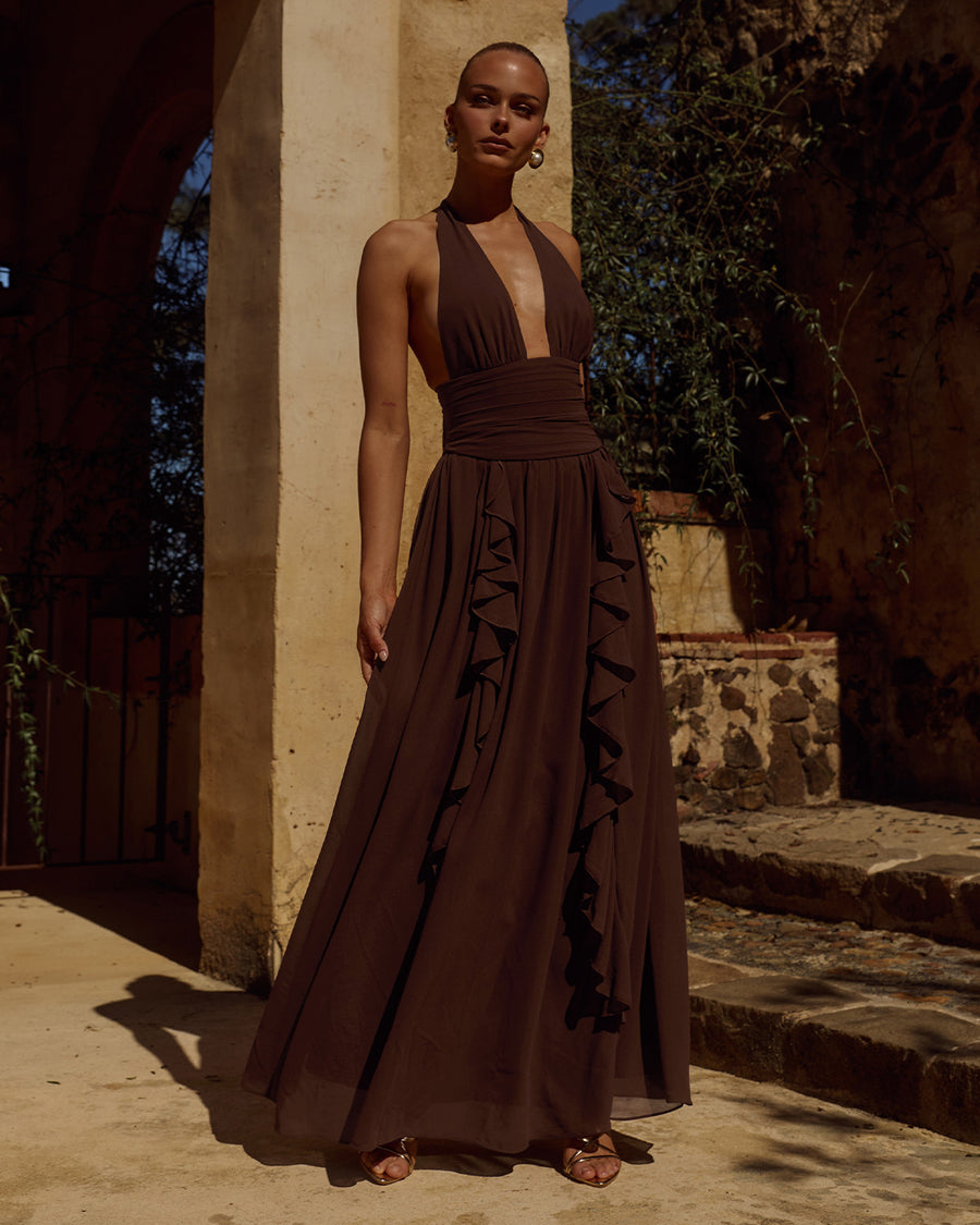 ISOLINA HALTER CORSET MAXI DRESS - CHOCOLATE