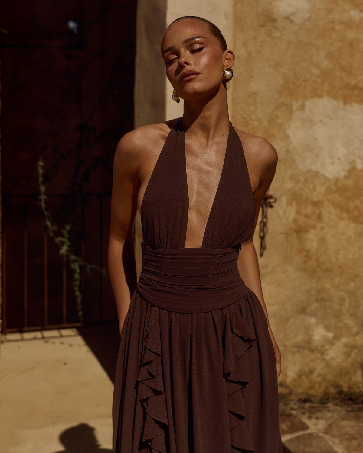 ISOLINA HALTER CORSET MAXI DRESS - CHOCOLATE