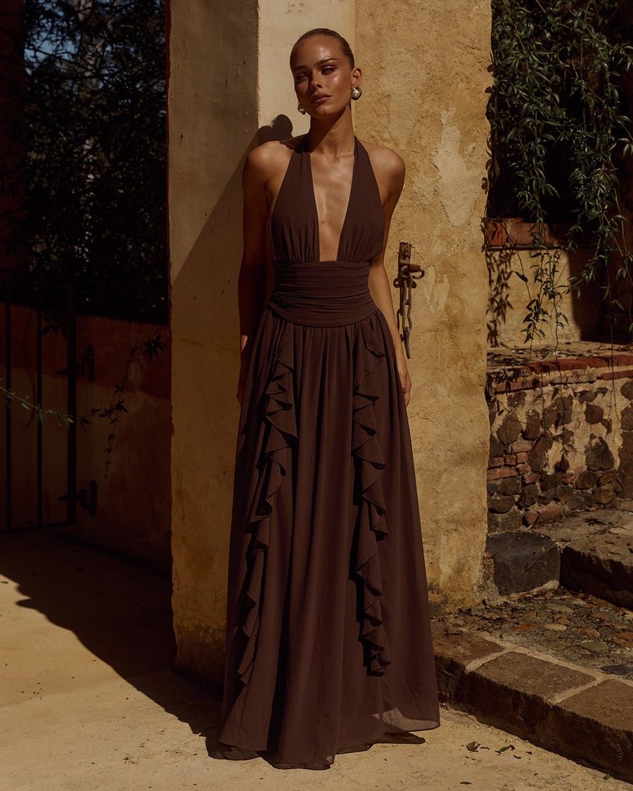 ISOLINA HALTER CORSET MAXI DRESS - CHOCOLATE