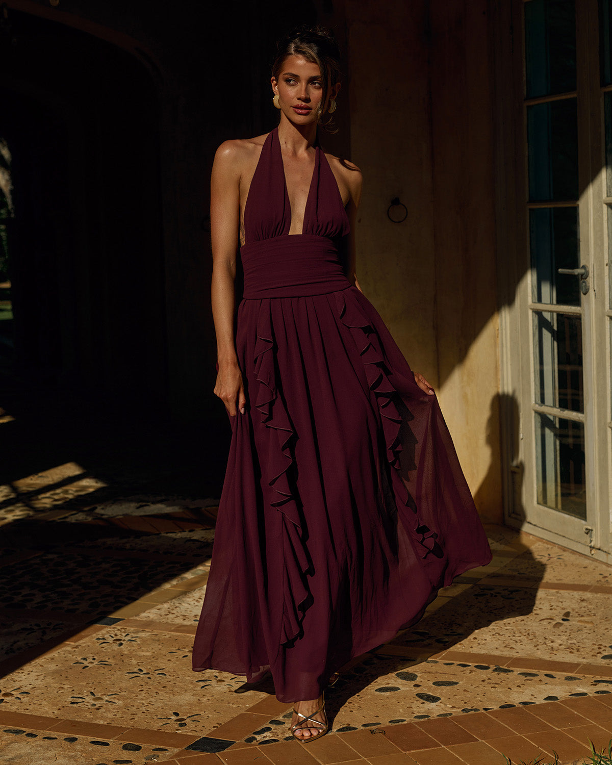 ISOLINA HALTER CORSET MAXI DRESS - PLUM