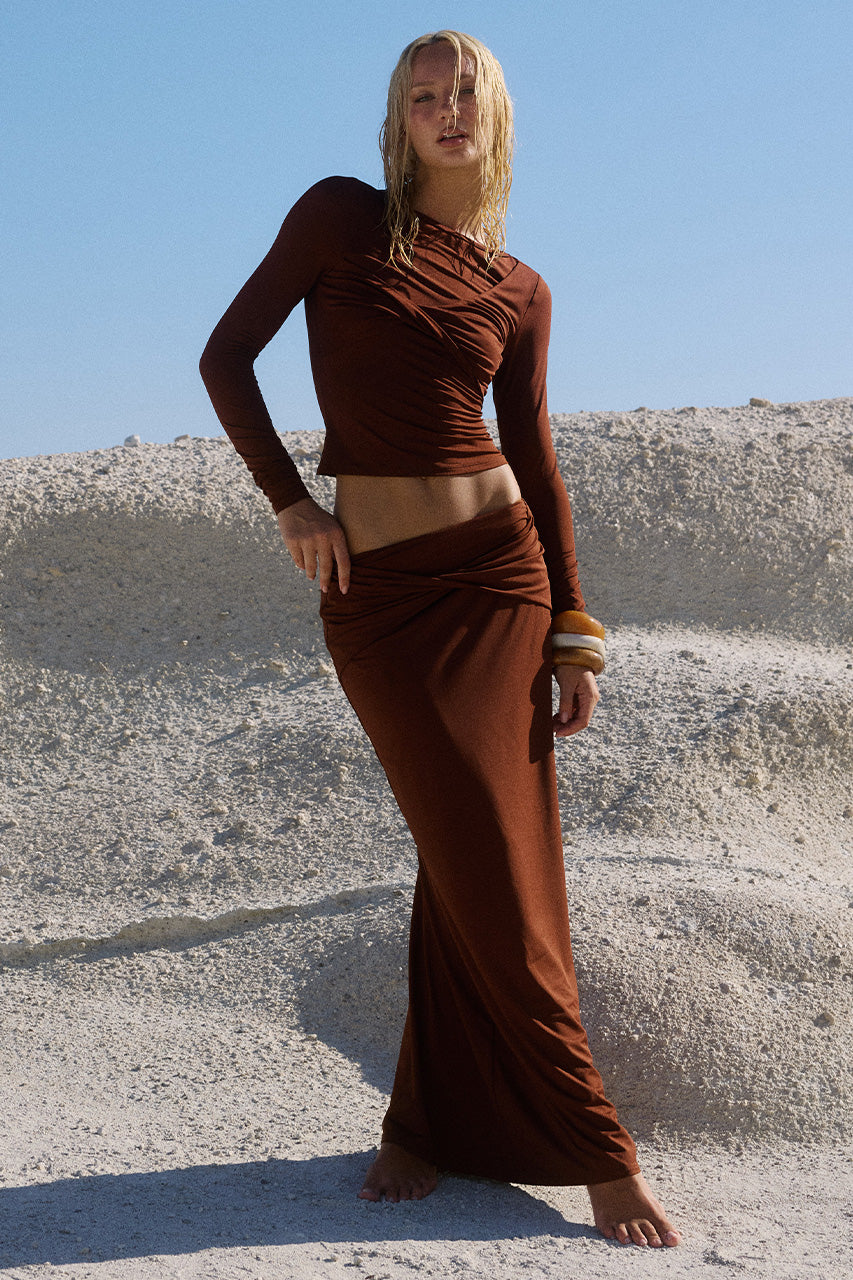KAMILIA TWIST MAXI SKIRT - CHOCOLATE