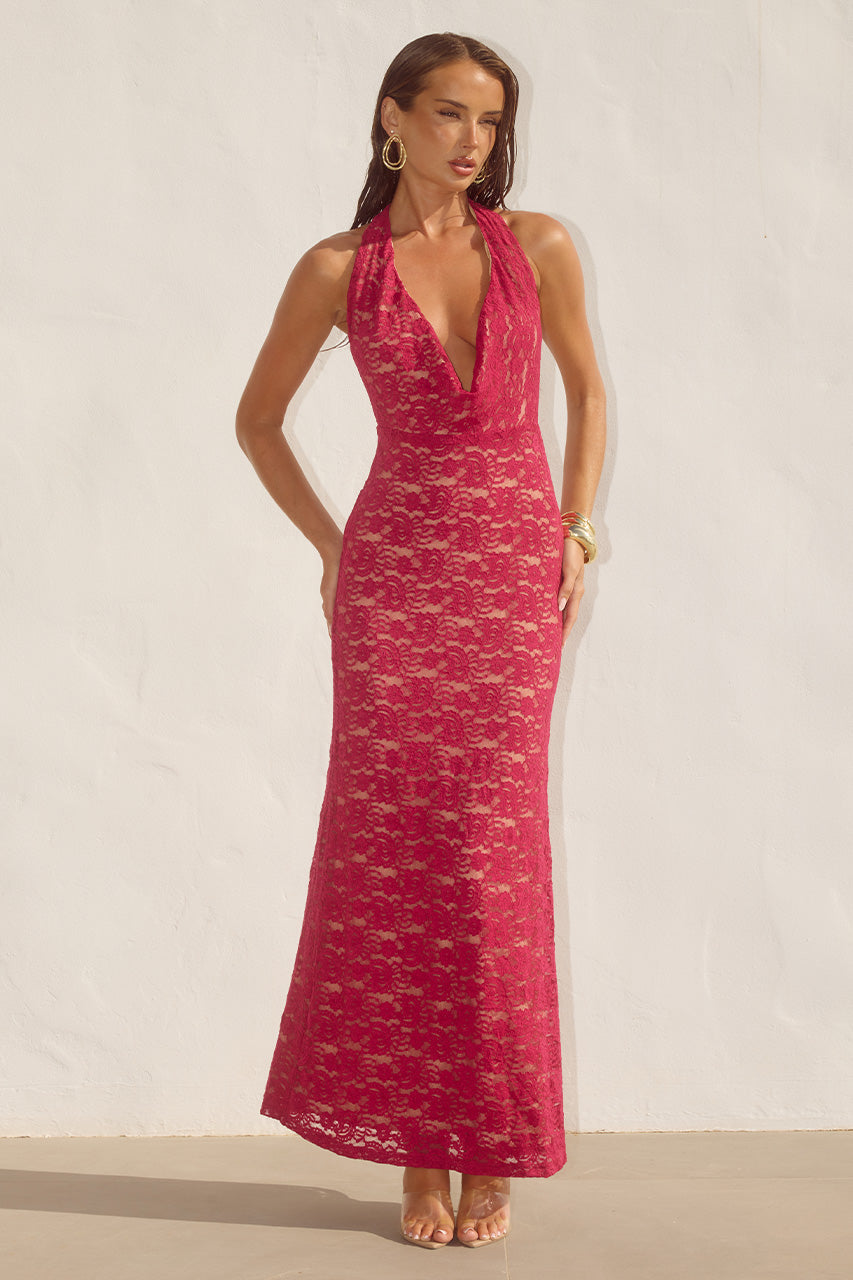 KYLO PLUNGE COWL MAXI DRESS - BERRY