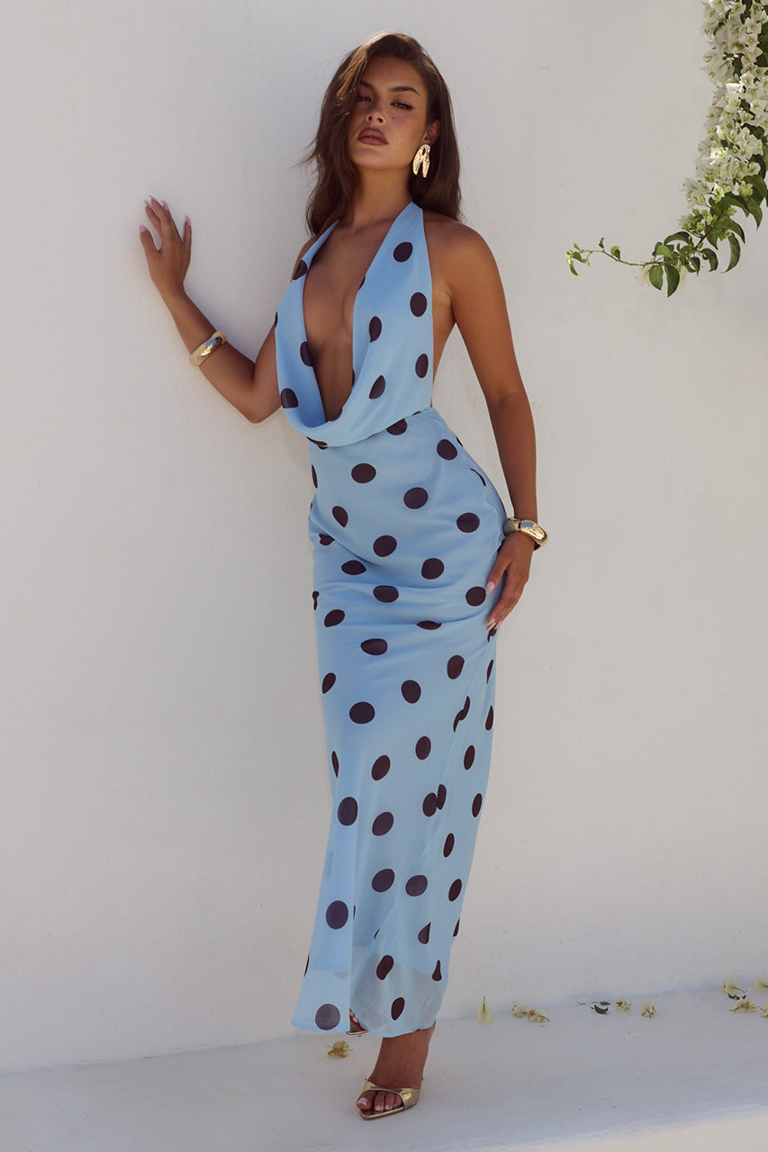 LEXIE LOW PLUNGE HALTER MAXI DRESS - SKY BLUE /CHOC POLKA