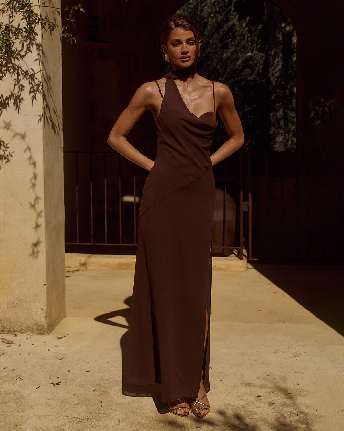 LIORA DRAPED SCARF MAXI DRESS - CHOCOLATE