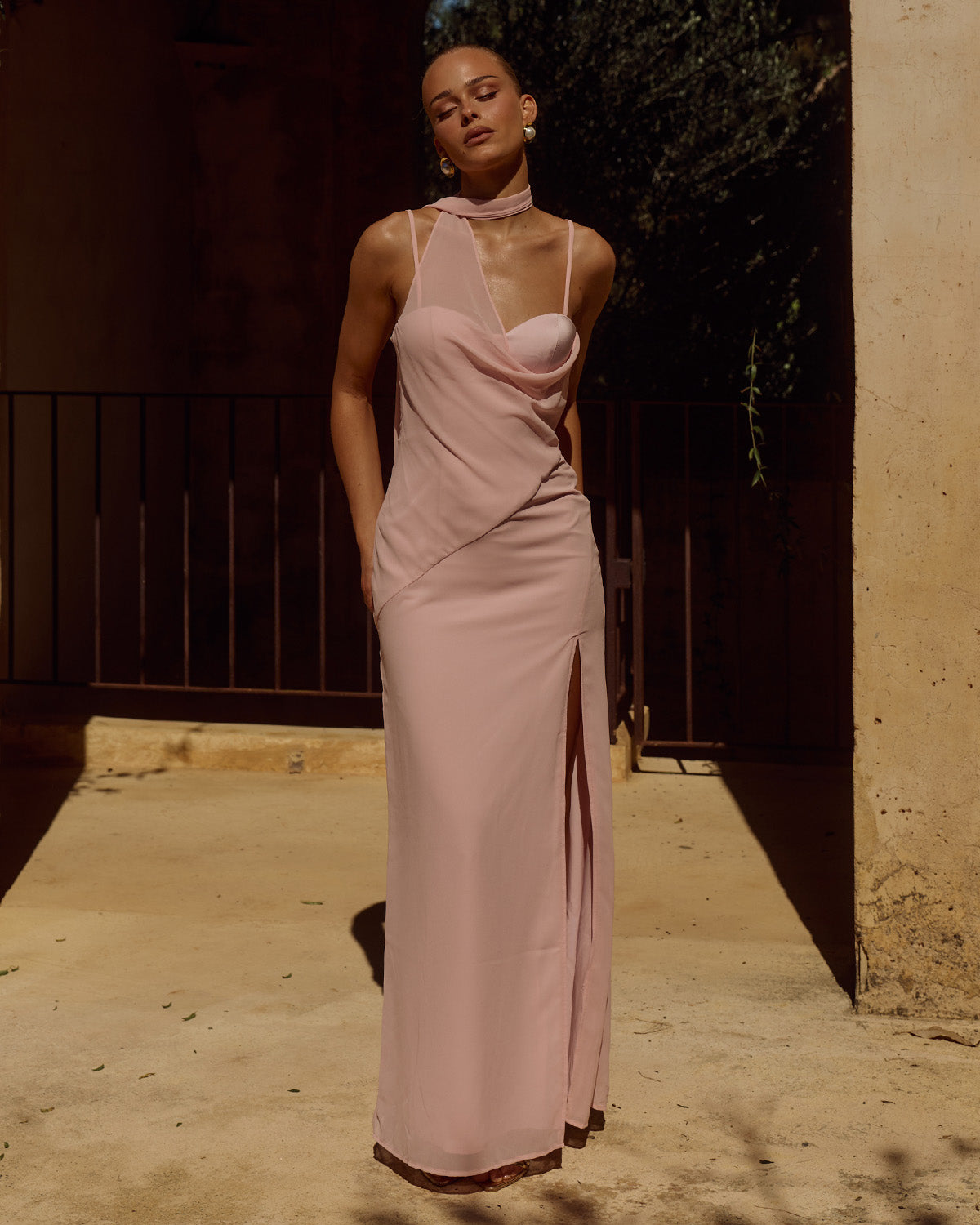 LIORA DRAPED SCARF MAXI DRESS - PINK