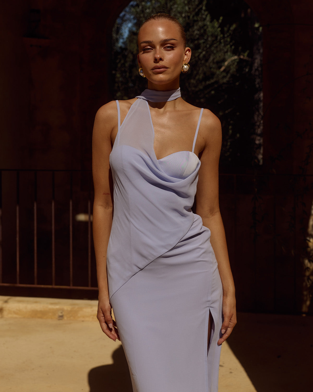 LIORA DRAPED SCARF MAXI DRESS - SKY BLUE