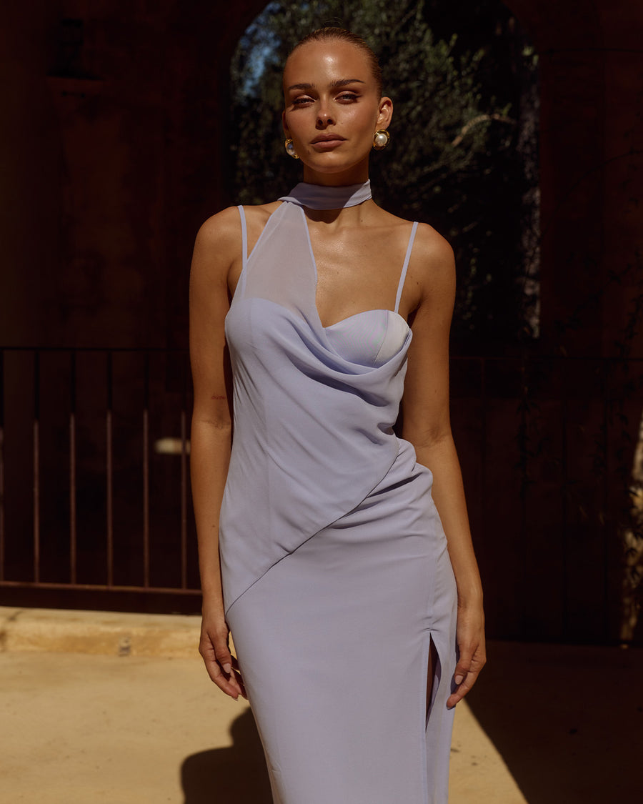 LIORA DRAPED SCARF MAXI DRESS - SKY BLUE
