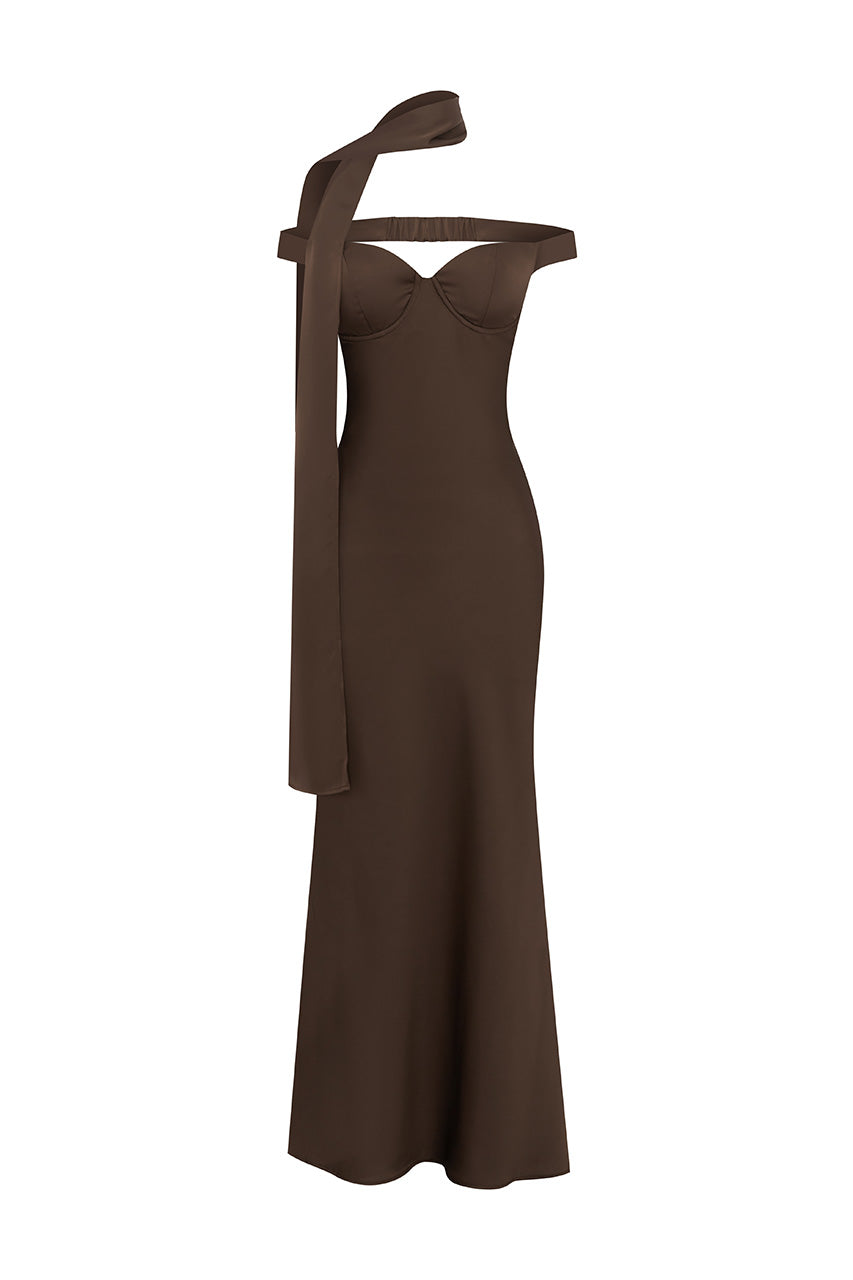 RAPHAELLA OFF SHOULDER MAXI DRESS - BITTER CHOCOLATE