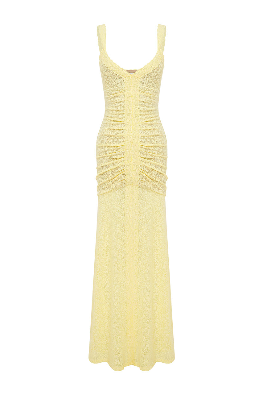 SILENE FRONT SPLIT LACE MAXI DRESS - LEMON