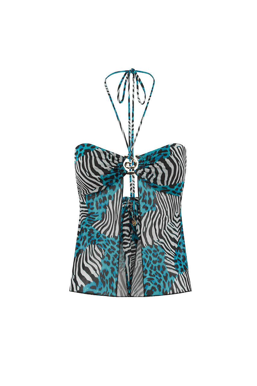 SKYLAR SHEER HALTER SPLIT FRONT TOP - DANTE TEAL