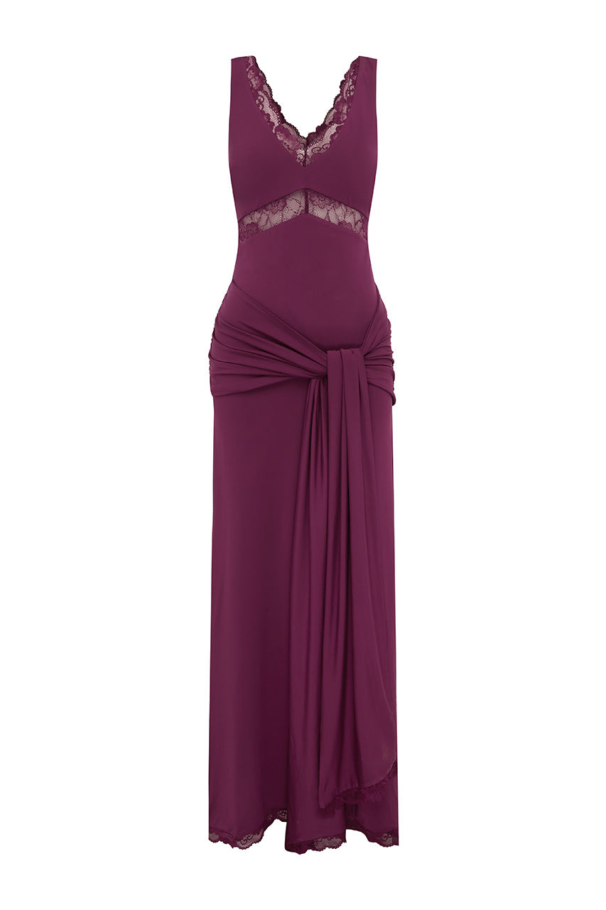 SOPHIA V-NECK LACE TRIM MAXI DRESS - PLUM