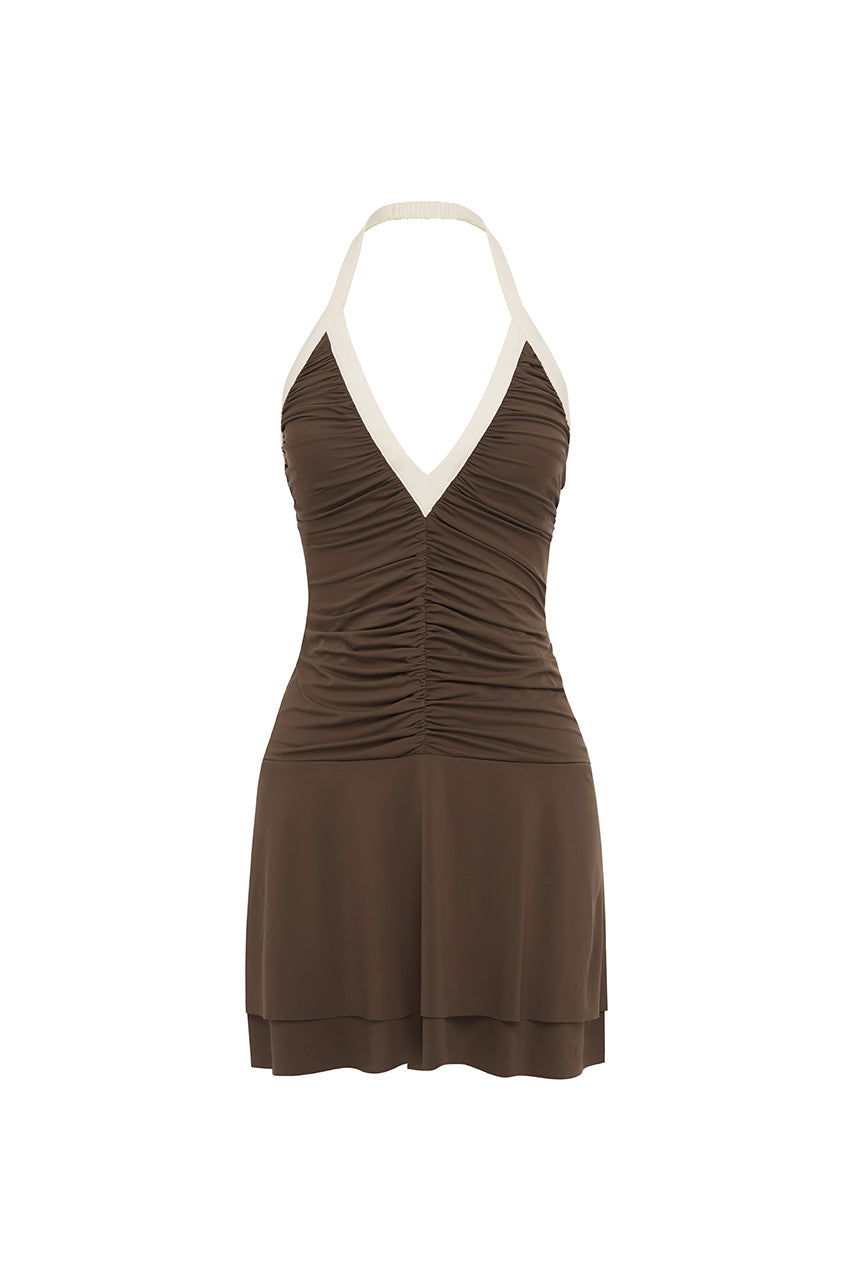 TAMINO HALTER RUCHED MINI DRESS - CHOCOLATE/WHITE