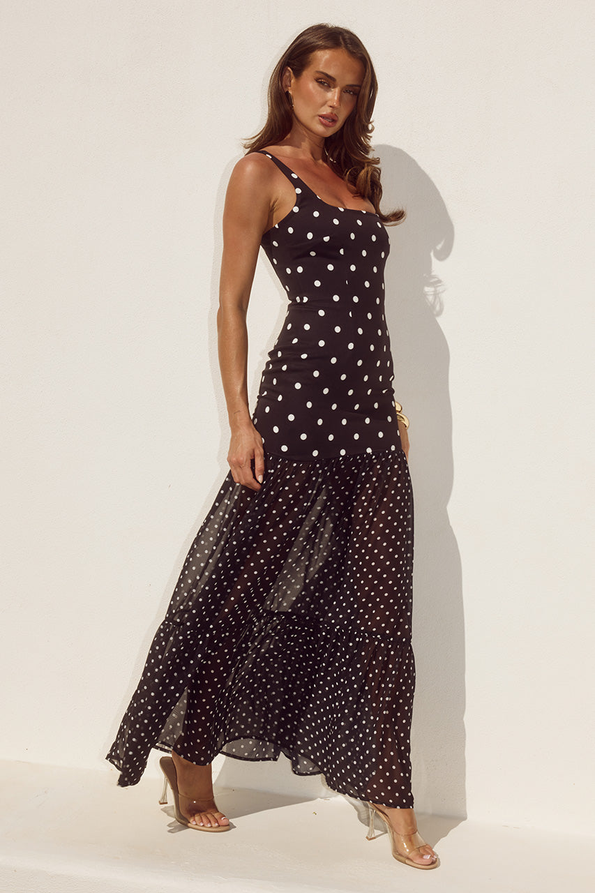 TILLIE SHEER BOTTOM MAXI DRESS - BLACK/WHITE POLKA