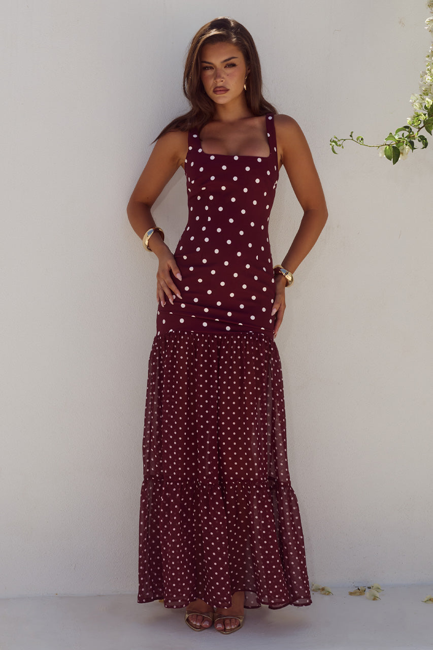 TILLIE SHEER BOTTOM MAXI DRESS - WINE/WHITE POLKA