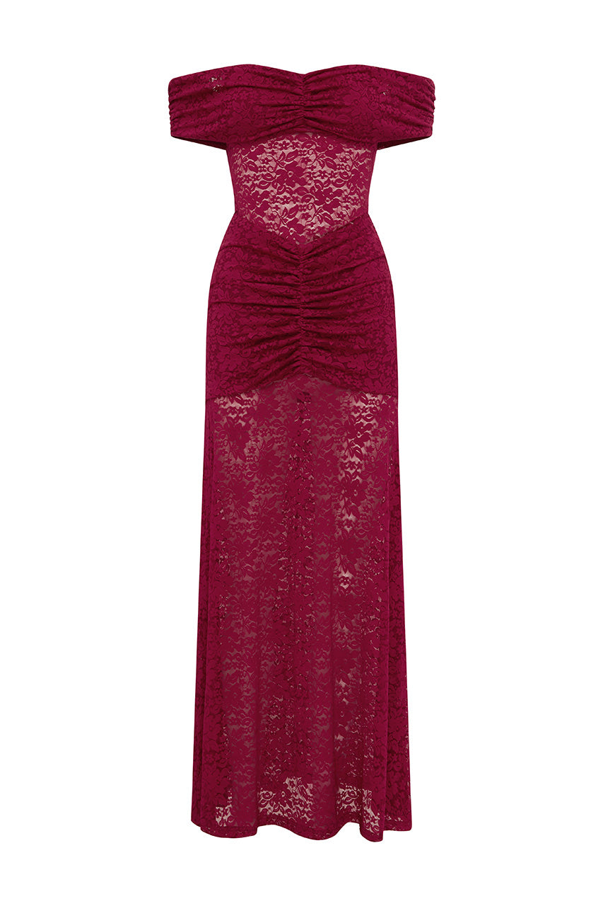 VANEYA OFF SHOULDER LACE MAXI DRESS - BERRY