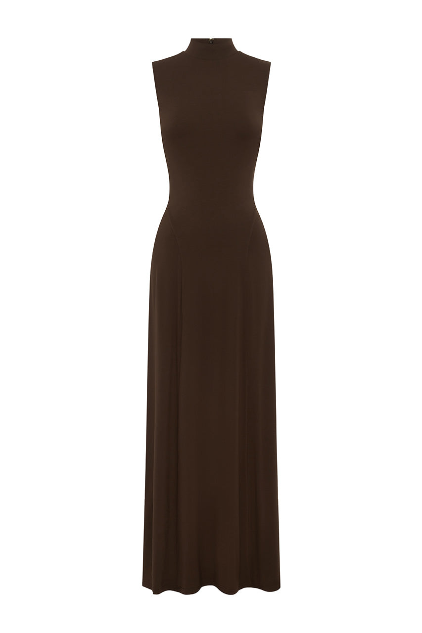 VAYDA HIGH NECK MAXI DRESS - BITTER CHOCOLATE