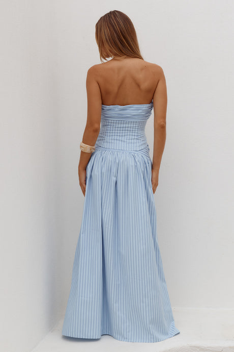VELORA RUCHED BUST STRAPLESS  TOP - BLUE STRIPE