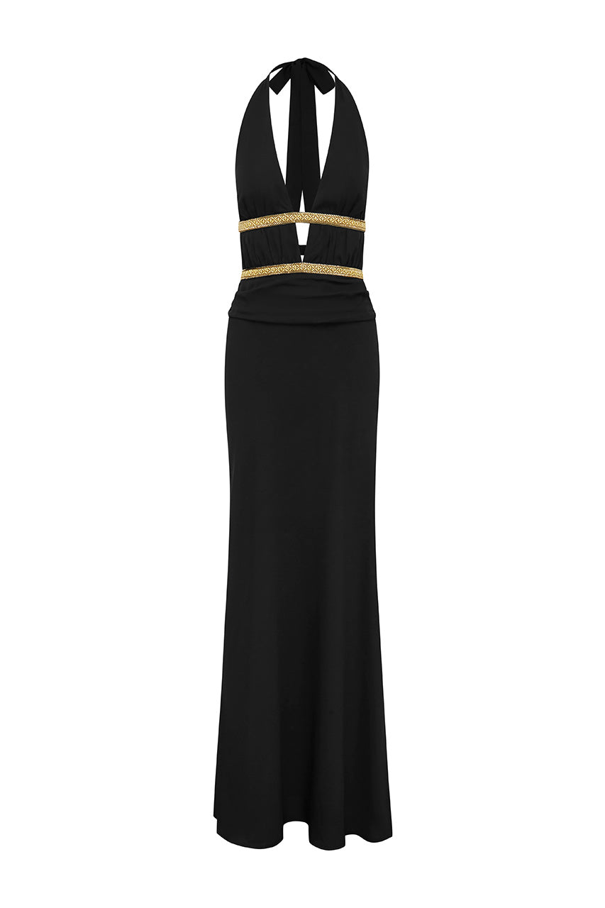 XYLIA HALTER LOW PLUNGE MAXI DRESS - BLACK